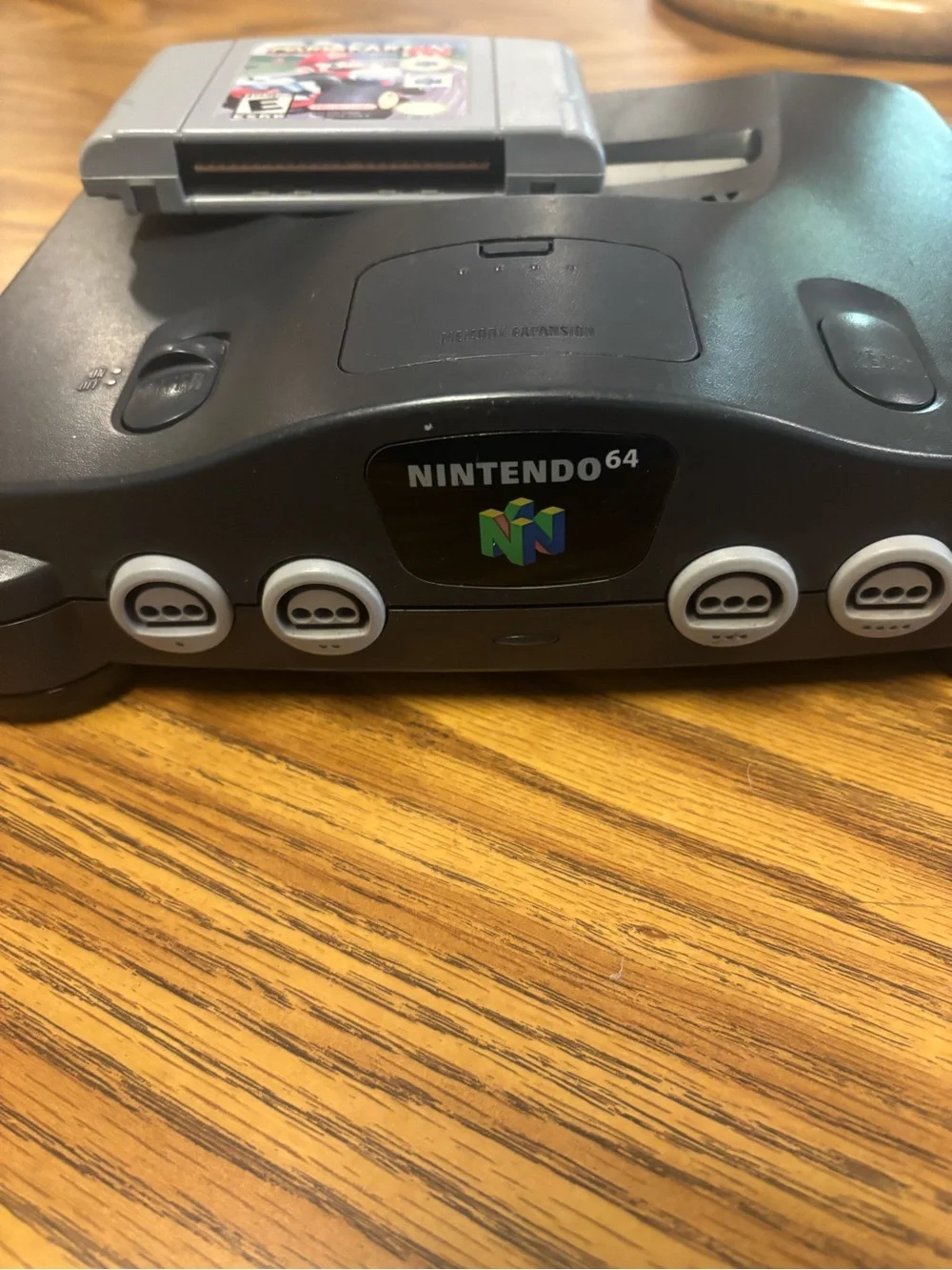 Nintendo N64 Console with Gray Mario Kart 64 Cartridge and Black Power Adapter